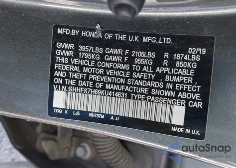 2019 Honda Civic Ex from USA, damaged, VIN SHHFK7H69KU414631